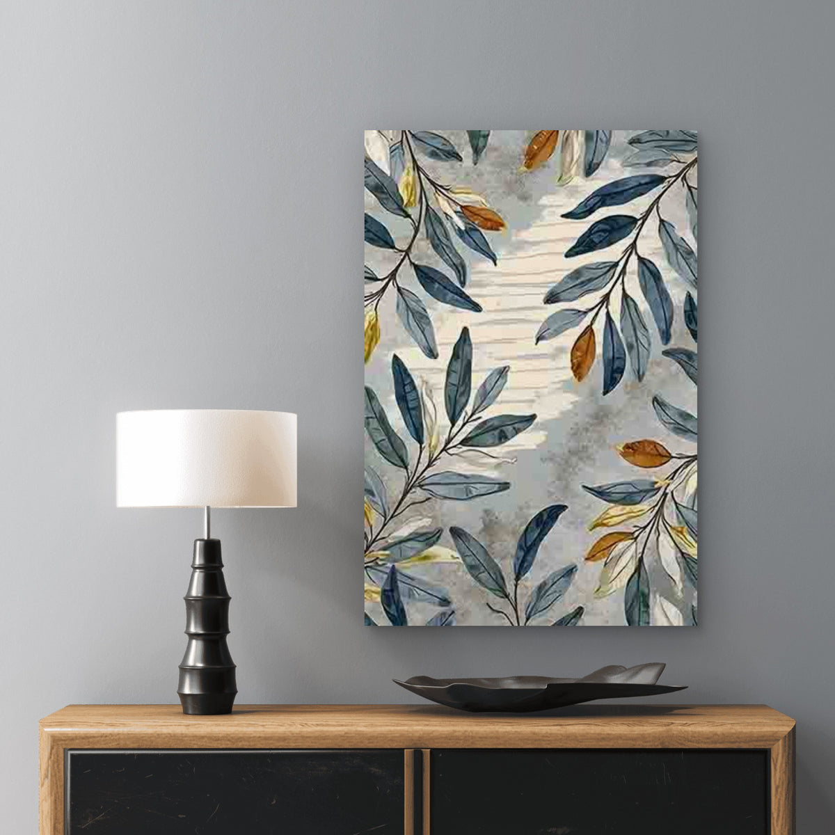 Watercolor-Style Blue, Yellow, Green Leaf Pattern 60x90cm Metal Print Ready to Hang