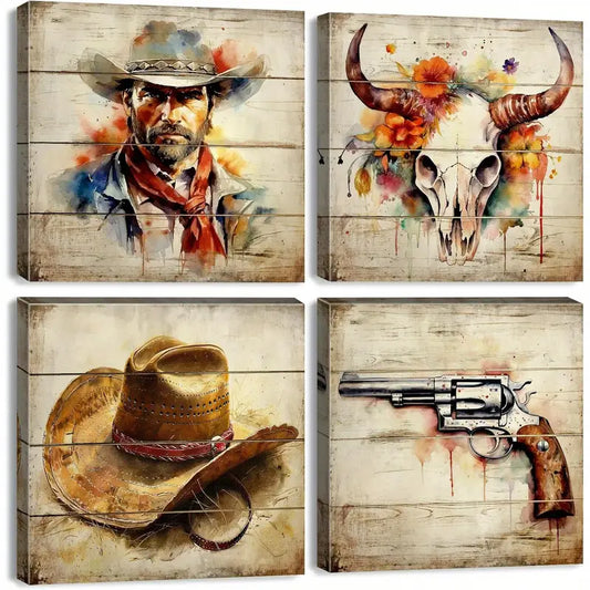 4pcs Longhorn Skull, Western Hat & Revolver Wall Art Canvas Framed