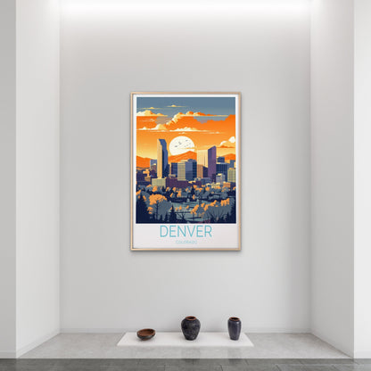 Denver Colorado, Skyscrapers and Sunset Travel Poster Print Wall Art