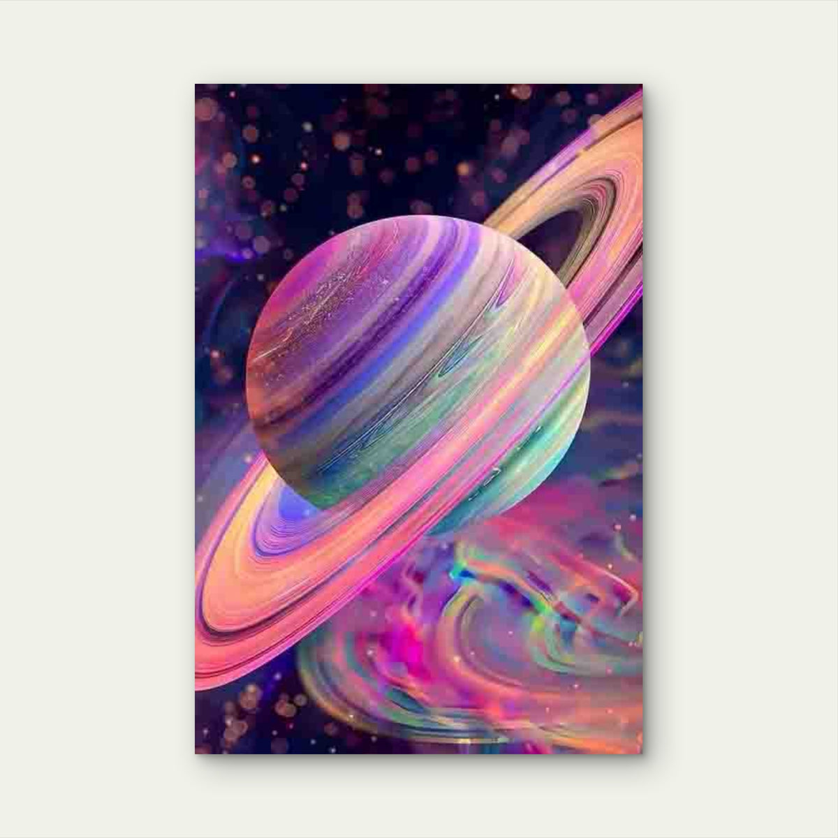 Saturn-Like Ringed Planet & Cosmic Nebula Metal Print Ready to Hang