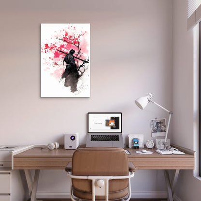 Silhouette Samurai Sakura Branches 60x90cm Metal Print Ready to Hang