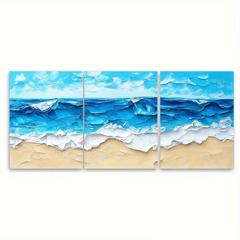 3pcs Blue Beach Abstract Painting Summer Sea Metal Print Ready to Hang Art