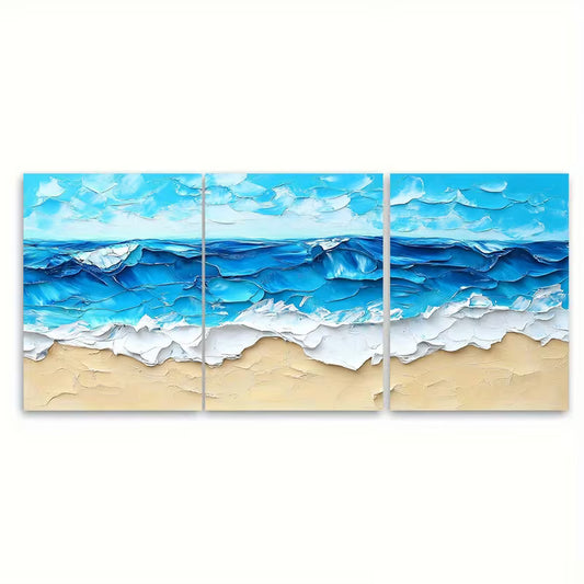 3pcs Blue Beach Abstract Painting Summer Sea Metal Print Ready to Hang Art