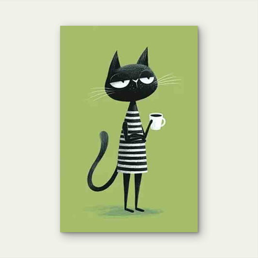 Black & White Skeptical Cat with Coffee 60x90cm Metal Print Ready to Hang