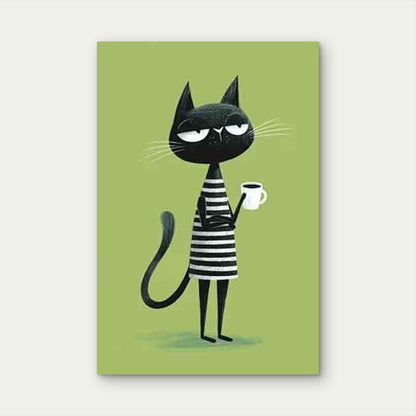 Black & White Skeptical Cat with Coffee Metal Print Ready to Hang