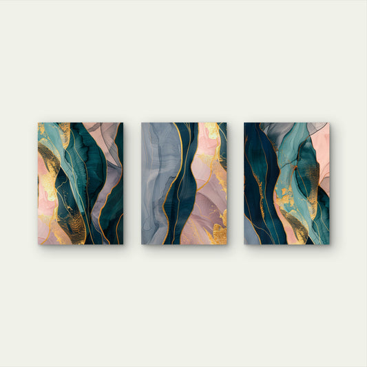 3pcs Teal Pink Abstract Gold Marble Wave Metal Print Ready to Hang Art