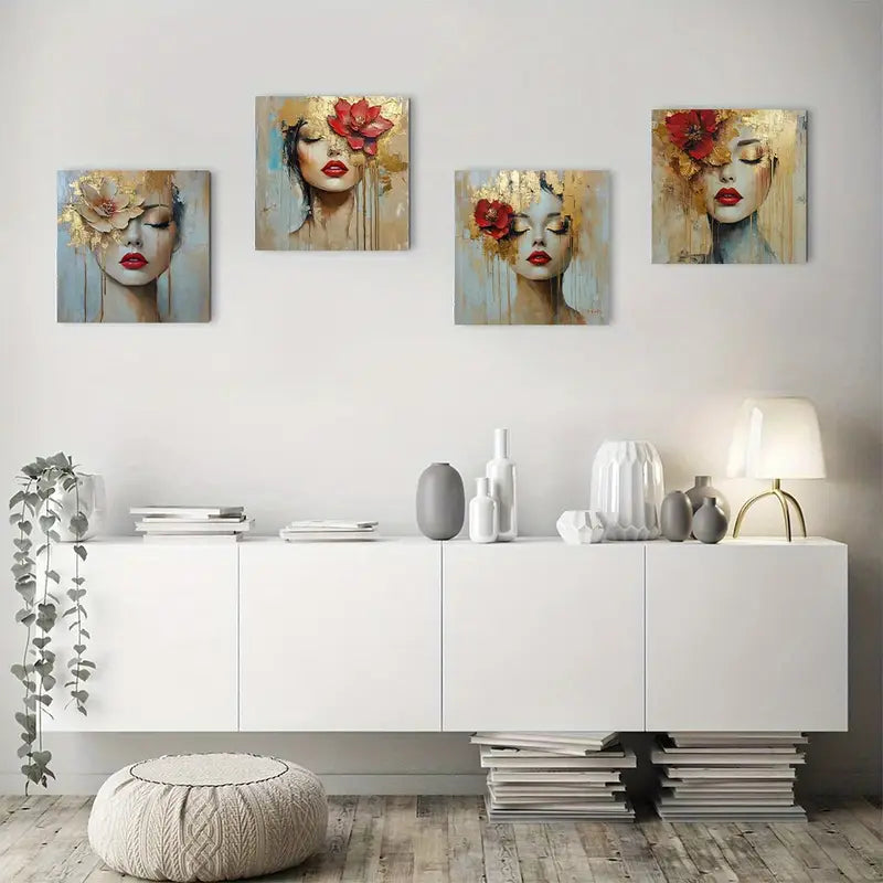 4pcs Fashion Floral Crown Woman Wall Art Canvas Framed