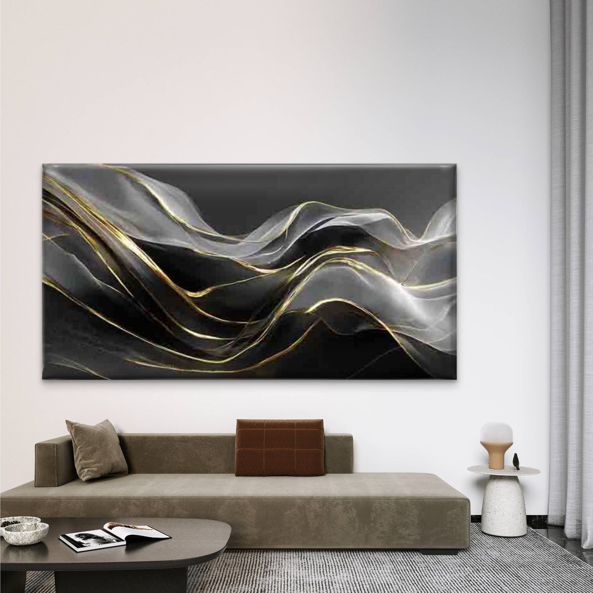 Abstract Black and Golden Waves Wall Art Canvas Office Home Room Framed 120x60cm