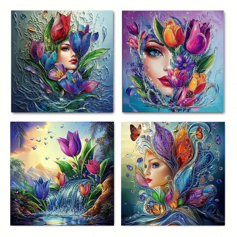 4pcs Vibrant Water Drop Flower Wall Art Canvas Framed
