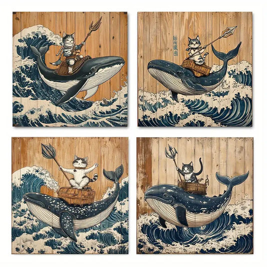 4pcs Decor Hero Cat Riding A Whal Elegant Wall Art Canvas Framed