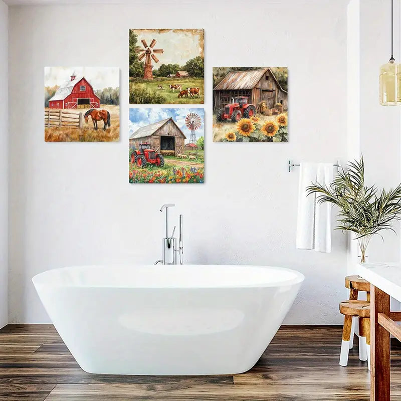 4pcs Red Barn Tractor, Cow Sheep Paintings Wall Art Canvas Framed