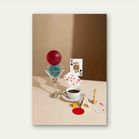A Surreal Still Life Of Coffee And Classic Games Metal Print Ready to Hang