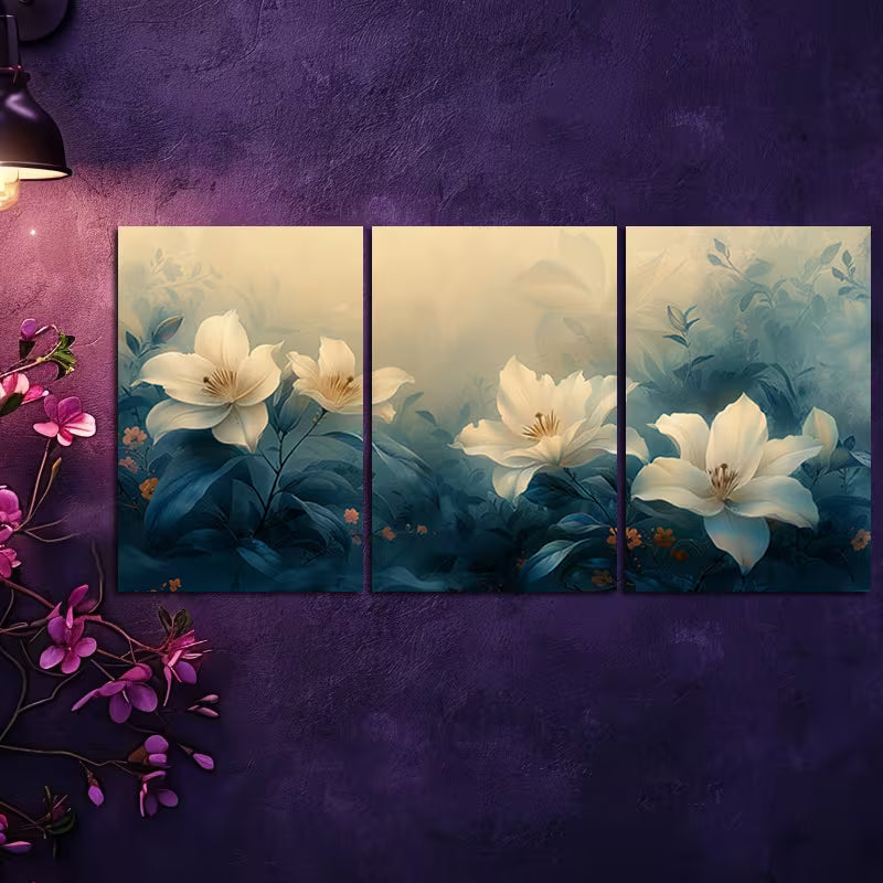 3pcs Elegant White Lily & Rose Floral Design Wall Art Set Canvas Framed 40x60cm - High Quality Print 100% Australian Made Wall Canvas Ready to Hang