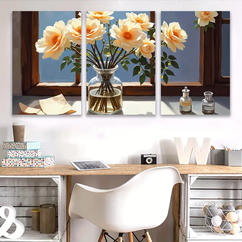 3pcs Floral Vase with White and Peach Roses Wall Art Set Canvas Framed 60x90cm - High Quality Print 100% Australian Made Wall Canvas Ready to Hang