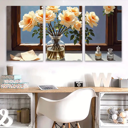 3pcs Floral Vase with White and Peach Roses Wall Art Set Canvas Framed 60x90cm - High Quality Print 100% Australian Made Wall Canvas Ready to Hang