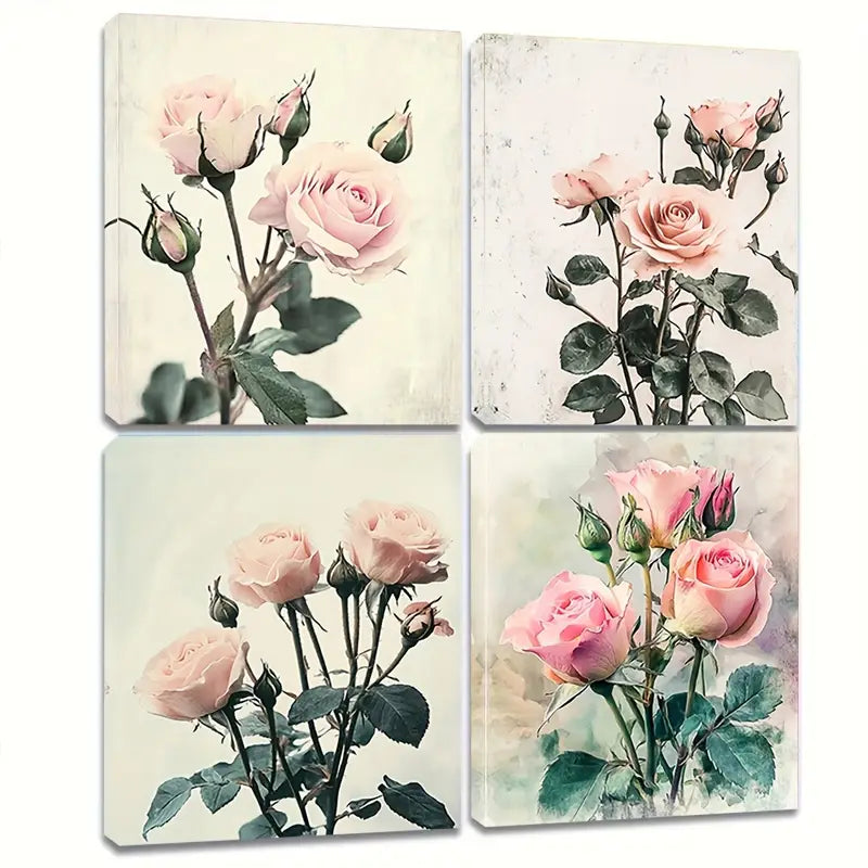 4pcs Pink Rose Bouquet, Humorous Wall Art Canvas Framed