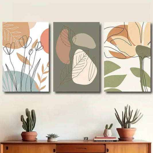 3pcs Abstract Botanical Minimalist Line Art with Earthy Tones Metal Print Ready to Hang Art