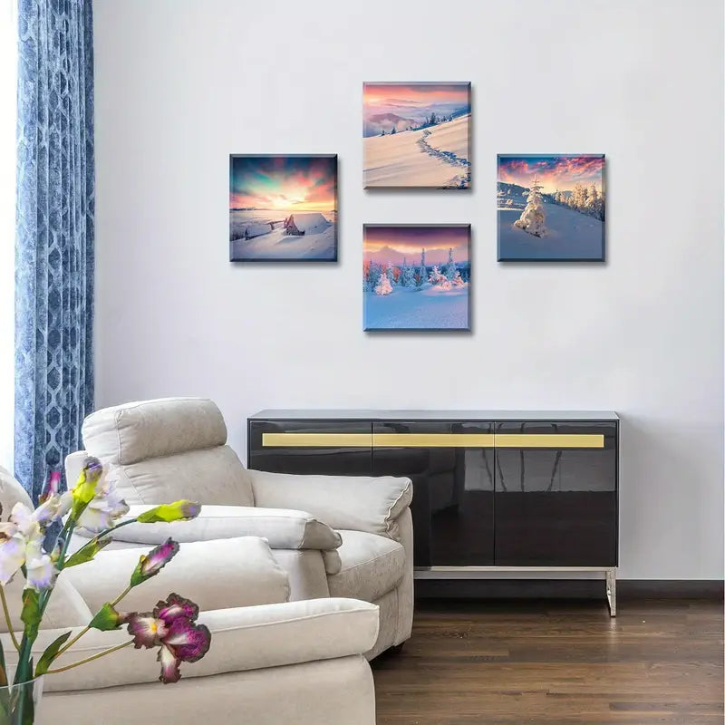 4pcs Snowy Landscape & Forest Scene With Sunset Wall Art Canvas Framed