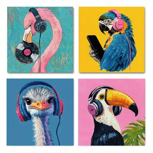 4pcs Birds Listening to Music Wall Art Canvas Framed