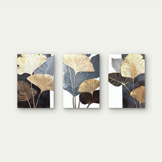 3pcs Modern Abstract Blue Gold Ginkgo Leaf Wall Art Set Canvas Framed 50x70cm - High Quality Print 100% Australian Made Wall Canvas Ready to Hang