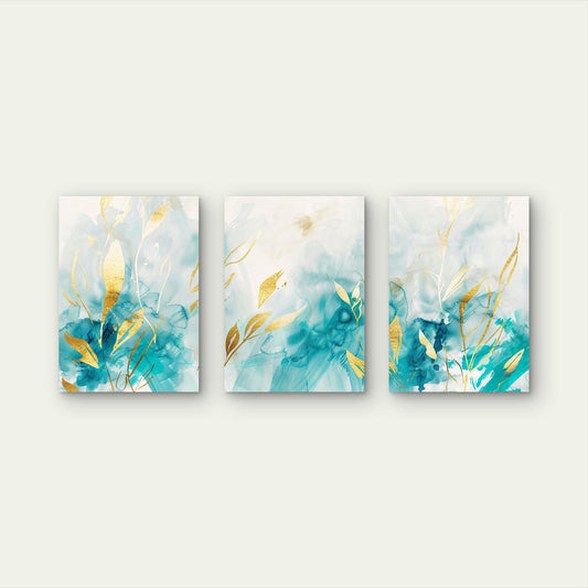 3pcs Teal and Gold Abstract Leaves Wall Art Set Canvas Framed 50x70cm - High Quality Print 100% Australian Made Wall Canvas Ready to Hang