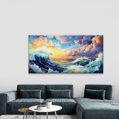 Waves Intertwined with Clouds Wall Art Canvas Office Home Room Framed 120x60cm