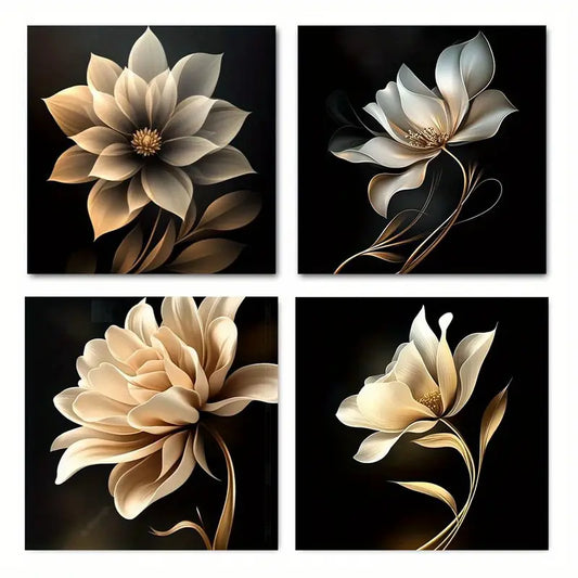 4pcs Golden Flower Theme Wall Art Canvas Framed