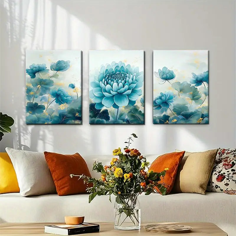 3pcs Elegant Blue for Lotus Flower Lush Greenery Metal Print Ready to Hang Art