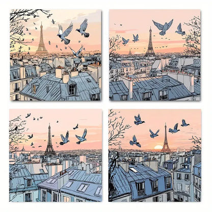 4pcs Flying Pigeons And Iron Tower Elegant  Wall Art Canvas Framed