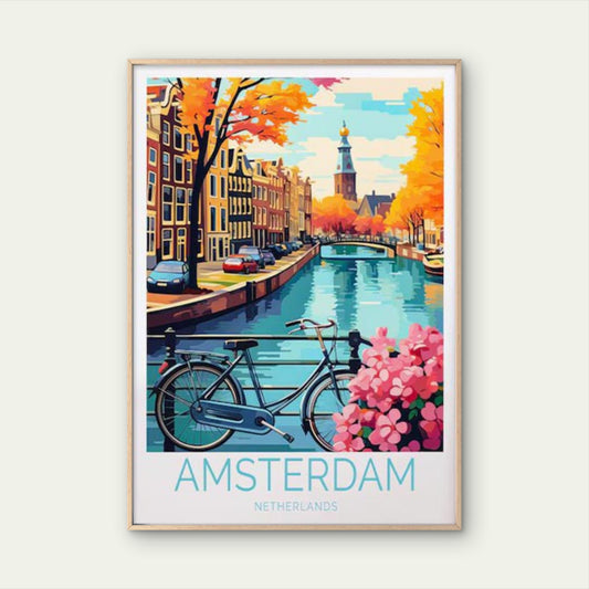 Amsterdam Netherlands, Bridge & Bicycle Travel Poster Print Wall Art
