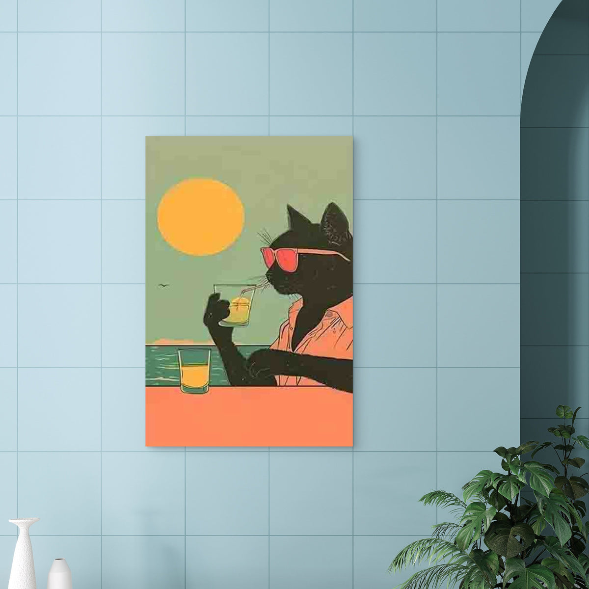 Black Cat with Pink Glasses 40x60cm Metal Print Ready to Hang
