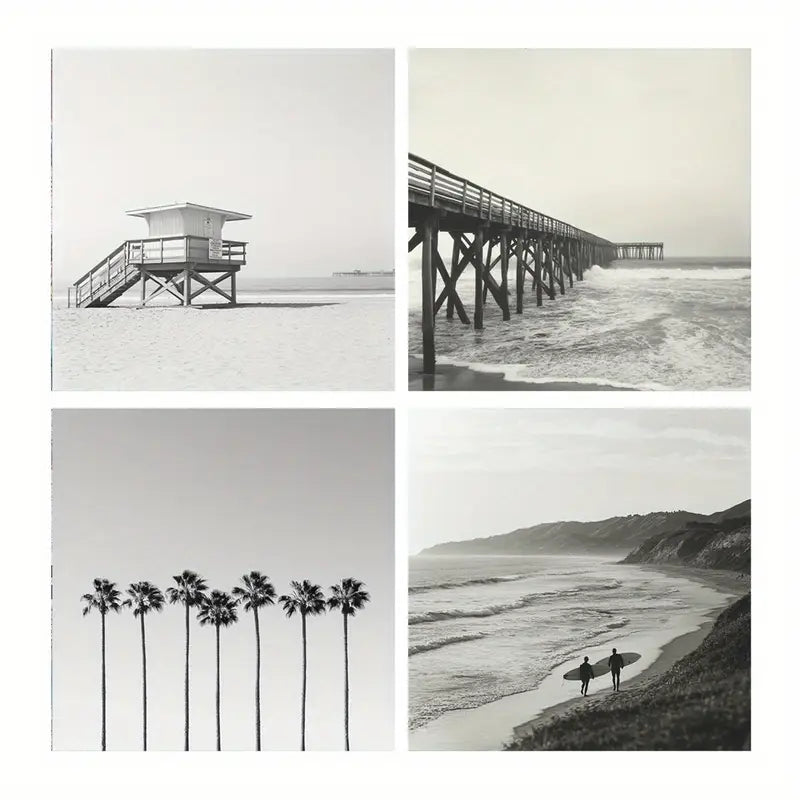 4pcs  Palm Tree,Waves, Surfer Posters Wall Art Canvas Framed