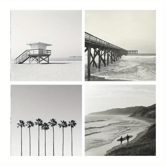 4pcs  Palm Tree,Waves, Surfer Posters Wall Art Canvas Framed