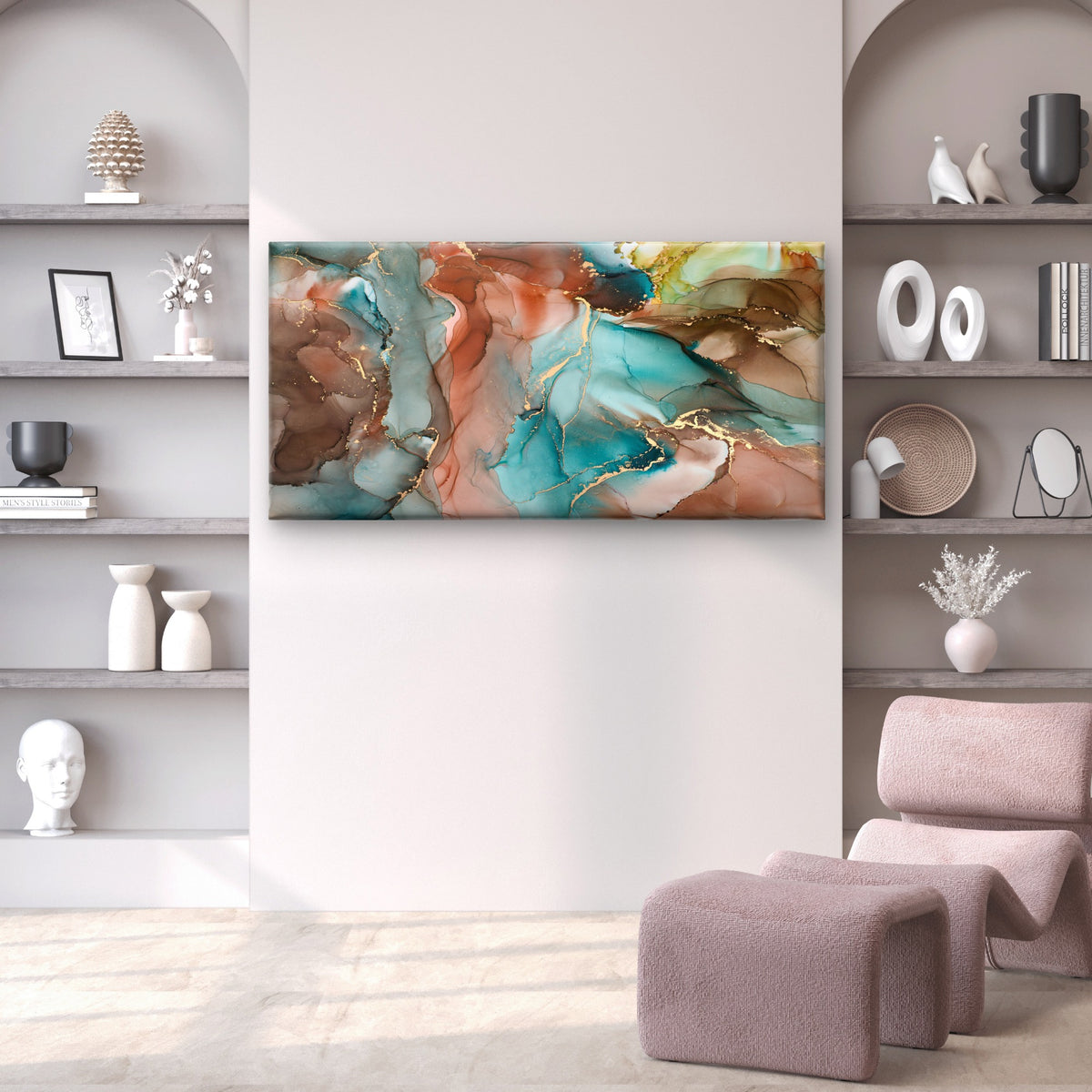 Abstract Teal Brown Gold Fluid Wall Art Canvas Office Home Room Framed 120x60cm