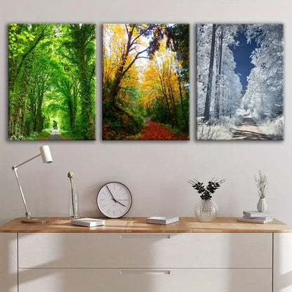3pcs Green Autumn Snowy Forest Wall Art Set Canvas Framed 60x90cm - High Quality Print 100% Australian Made Wall Canvas Ready to Hang