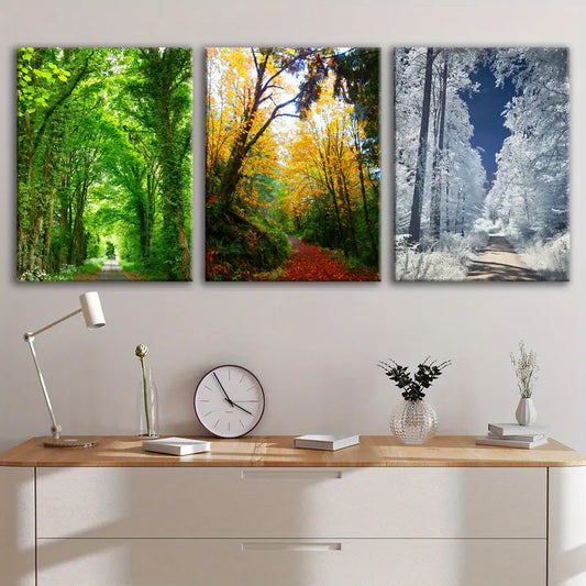 3pcs Green Autumn Snowy Forest Wall Art Set Canvas Framed 60x90cm - High Quality Print 100% Australian Made Wall Canvas Ready to Hang