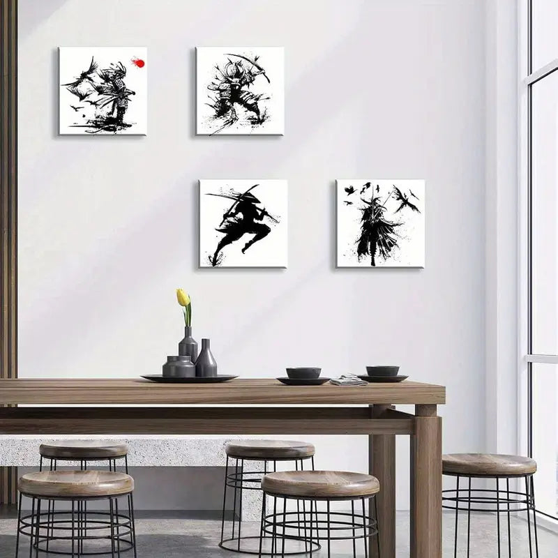 4pcs Black and White Warrior Figure With Sword Wall Art Canvas Framed