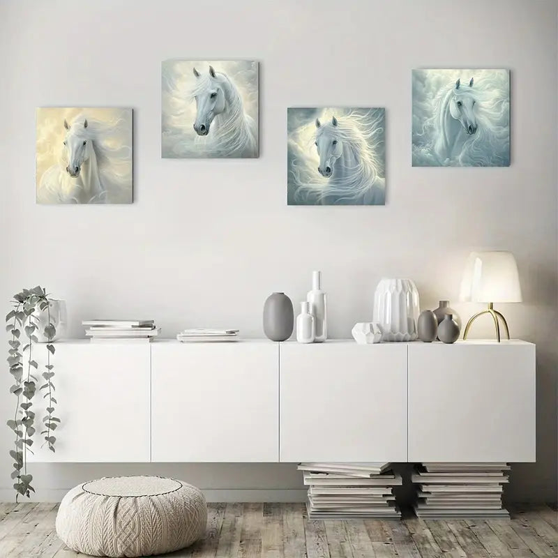 4pcs Flowing Mane & Cloudy Sky Design Wall Art Canvas Framed