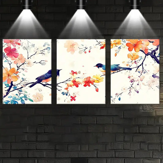 3pcs Colorful Birds & Flowers Vibrant Floral Metal Print Ready to Hang Art