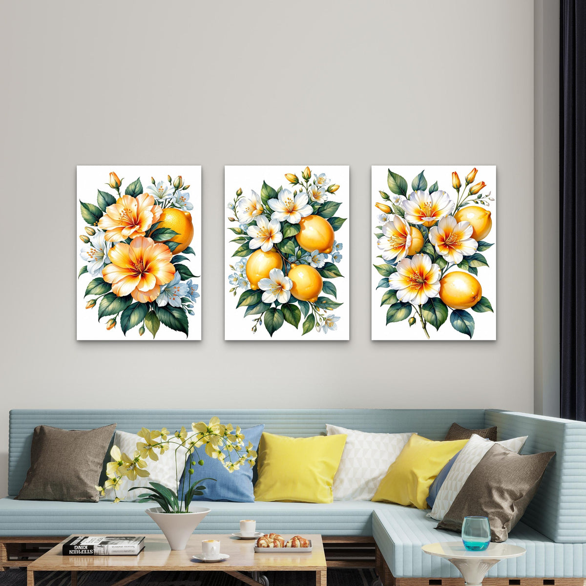 3pcs Yellow Lemons And White Floral Botanical Illustration Wall Art Set Canvas Framed 50x70cm - High Quality Print 100% Australian Made Wall Canvas Ready to Hang