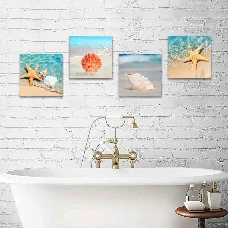 4pcs Starfish & Conch Shell Beach Themed Wall Art Canvas Framed