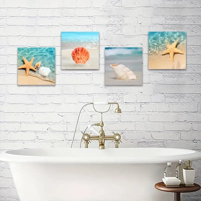 4pcs Starfish & Conch Shell Beach Themed Wall Art Canvas Framed