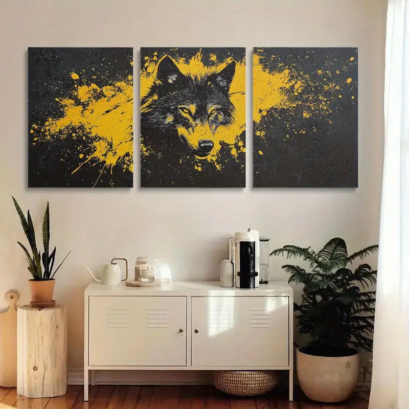 3pcs Wolf black and yellow Abstract Classic Design Metal Print Ready to Hang Art