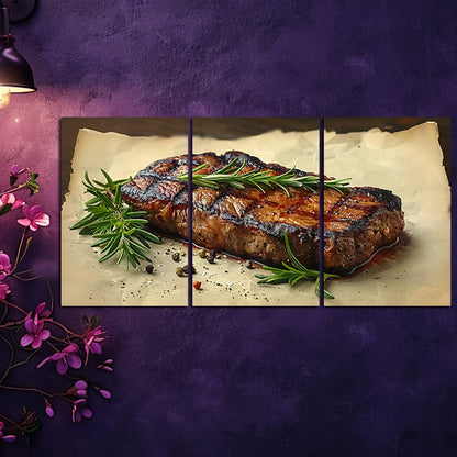 3pcs Steak with Rosemary Sprigs & Peppercorns Wall Art Set Canvas Framed 60x90cm - High Quality Print 100% Australian Made Wall Canvas Ready to Hang