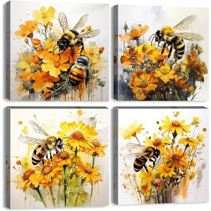 4pcs  Wildflower Wall Art Bee  Poppy  Flower Wall Art Canvas Framed