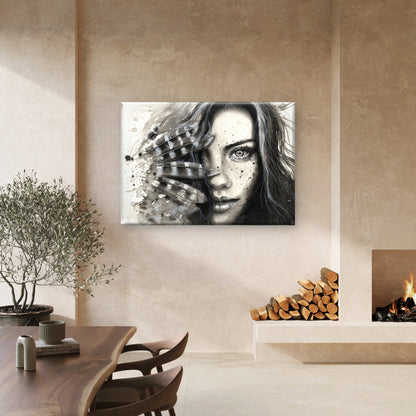 Girl Face Portrait with Feathers Black & White Print 100% Australian Made