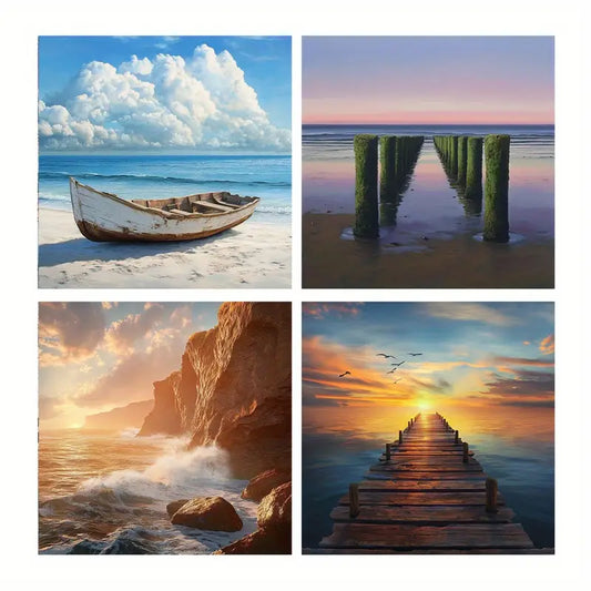 4pcs Sunset Square Wall Art, Seascape Wall Art Canvas Framed