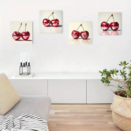4pcs Vibrant Red Cherry Disco Design Wall Art Canvas Framed