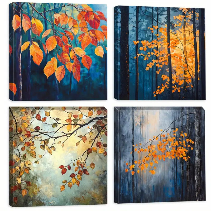 4pcs  Orange and Blue Background Forest Wall Art Canvas Framed