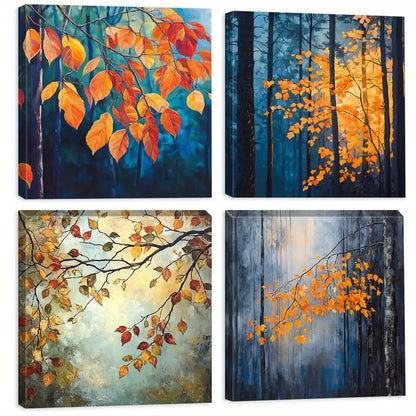 4pcs  Orange and Blue Background Forest Wall Art Canvas Framed
